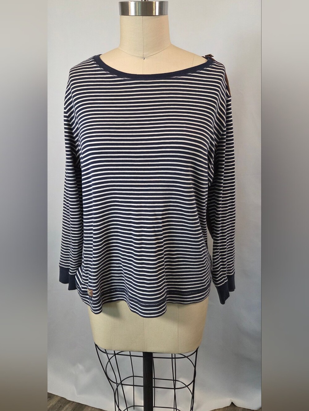 Lauren Ralph Lauren Striped Elbow Patch Top Size 1X Navy White Shoulder Zip